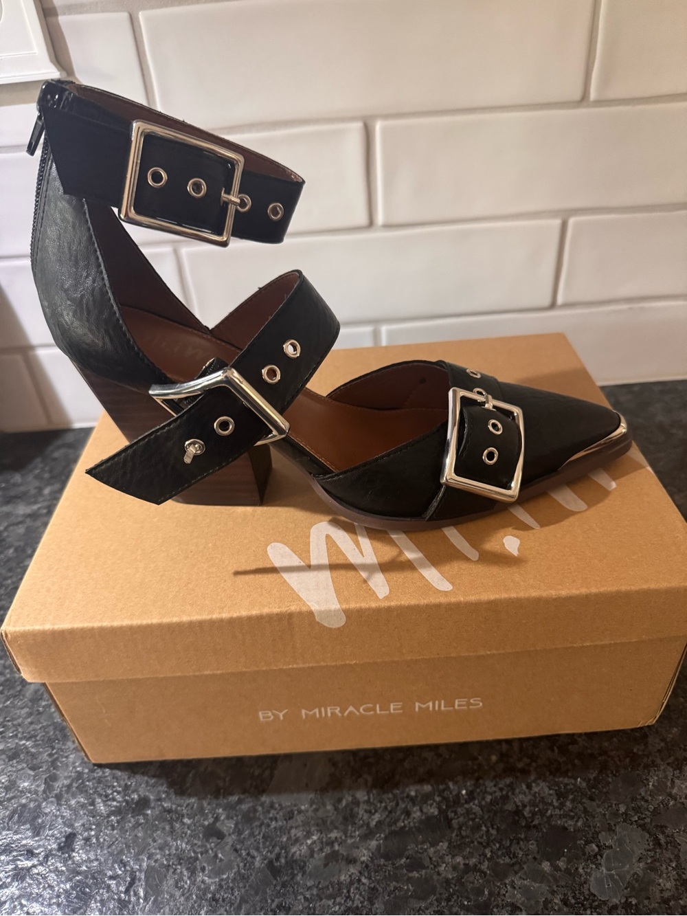 Miracle Miles Black Pointed Buckle Mid-Heel Sandals